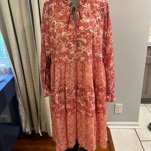 Red and Pink Tiered Tie Front Sundress with Bishop Sleeves